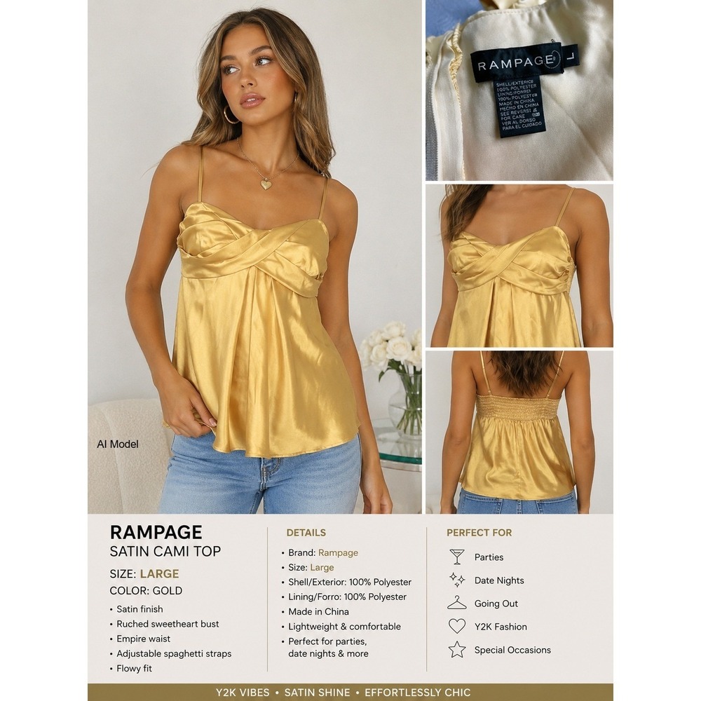 Rampage Y2K Gold Satin Cami Tank‎ Top Large Fairycore Going Out Party Top